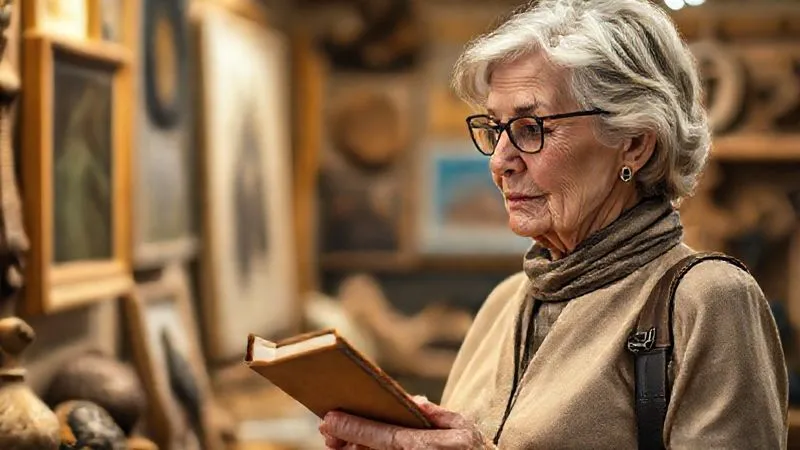 A close-up, photorealistic image of a discerning traveler, perhaps an older, elegantly dressed woman, looking thoughtfully at a unique piece of local art or craft in a remote, well-lit artisan workshop. She holds a small, elegant travel journal. Cinematic lighting, sharp focus on her expression and the art, depth of field blurring the background, 8K hyper-detailed.