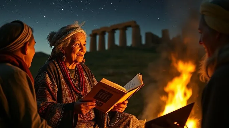 Photorealistic, professional photography, 8K, cinematic lighting, sharp focus, depth of field, shot on a high-end DSLR. An elderly indigenous woman, with a wise, kind face and traditional attire, sharing stories with a small, captivated group of visitors around a campfire at a historical site. The firelight illuminates their faces, creating an intimate, respectful atmosphere. Ancient ruins are subtly visible in the background under a starlit sky.