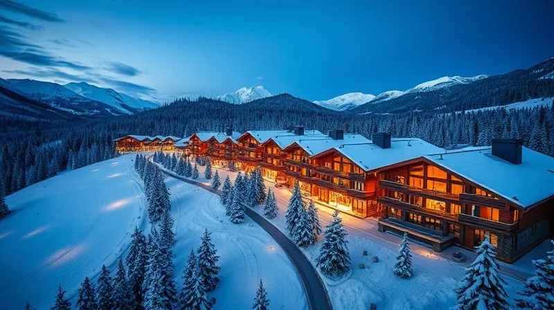 An aerial view of a luxurious, snow-covered mountain resort at dusk, with elegant chalets, pristine ski slopes illuminated, and warm lights emanating from windows, creating an inviting atmosphere. Photorealistic, professional photography, 8K, cinematic lighting, sharp focus, depth of field, shot on a high-end DSLR. An aerial view of a luxurious, snow-covered mountain resort at dusk, with elegant chalets, pristine ski slopes illuminated, and warm lights emanating from windows, creating an inviting atmosphere. Photorealistic, professional photography, 8K, cinematic lighting, sharp focus, depth of field, shot on a high-end DSLR.