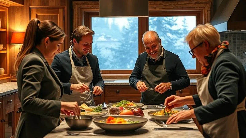 A group of executives participating in a unique, non-ski après ski activity: a gourmet cooking class in an elegant alpine lodge kitchen, laughing and collaborating as they prepare a dish. Photorealistic, professional photography, 8K, cinematic lighting, sharp focus, depth of field, shot on a high-end DSLR. A group of executives participating in a unique, non-ski après ski activity: a gourmet cooking class in an elegant alpine lodge kitchen, laughing and collaborating as they prepare a dish. Photorealistic, professional photography, 8K, cinematic lighting, sharp focus, depth of field, shot on a high-end DSLR.
