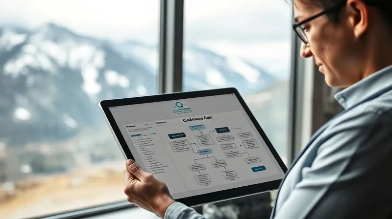 A professional event planner calmly reviewing a detailed contingency plan flowchart on a tablet, with a stormy mountain landscape visible through a window in the background, symbolizing preparation for unexpected weather. Photorealistic, professional photography, 8K, cinematic lighting, sharp focus, depth of field, shot on a high-end DSLR. A professional event planner calmly reviewing a detailed contingency plan flowchart on a tablet, with a stormy mountain landscape visible through a window in the background, symbolizing preparation for unexpected weather. Photorealistic, professional photography, 8K, cinematic lighting, sharp focus, depth of field, shot on a high-end DSLR.