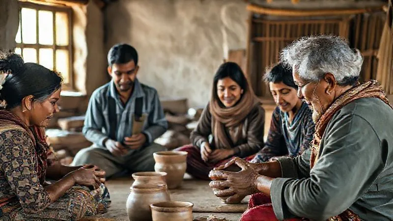 A photorealistic, professional photography, 8K, cinematic lighting, sharp focus, depth of field, shot on a high-end DSLR image of a small group of diverse travelers respectfully engaging with a local artisan in a traditional workshop, learning pottery or weaving. The setting is authentic, with natural light highlighting the intricate details of the craft and the expressions of learning and teaching.