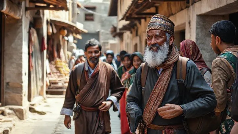 A photorealistic, professional photography, 8K, cinematic lighting, sharp focus, depth of field, shot on a high-end DSLR image of a charismatic local guide, dressed in traditional attire, passionately leading a small group of attentive travelers through a less-visited section of an ancient market or village adjacent to a heritage site. The scene evokes genuine connection and shared storytelling.
