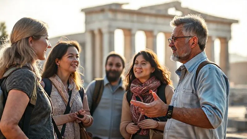 A photorealistic, professional photography, 8K, cinematic lighting, sharp focus, depth of field, shot on a high-end DSLR image of a small group of international tourists attentively listening to a knowledgeable and engaging local guide at a historical site. The guide is gesturing towards an architectural detail, and the tourists show expressions of curiosity and respect. The background shows a well-preserved ancient structure under soft, morning light.