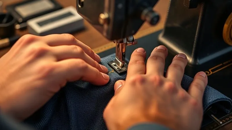 Photorealistic, professional photography, 8K, cinematic lighting, sharp focus, depth of field, shot on a high-end DSLR. Close-up of a tailor's hands meticulously double-stitching a robust denim fabric with strong, contrasting thread on a vintage industrial sewing machine, highlighting reinforced seams and intricate craftsmanship. The fabric has a slight distressed texture. Photorealistic, professional photography, 8K, cinematic lighting, sharp focus, depth of field, shot on a high-end DSLR. Close-up of a tailor's hands meticulously double-stitching a robust denim fabric with strong, contrasting thread on a vintage industrial sewing machine, highlighting reinforced seams and intricate craftsmanship. The fabric has a slight distressed texture.