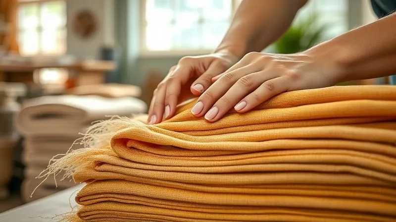 Photorealistic, professional photography, 8K, cinematic lighting, sharp focus, depth of field, shot on a high-end DSLR. A close-up of hands gently sorting vibrant, natural hemp and organic cotton fabrics in a sunlit, eco-friendly textile workshop, with subtle textures and muted, earthy tones. The fabrics are neatly stacked, symbolizing sustainable material choices. Photorealistic, professional photography, 8K, cinematic lighting, sharp focus, depth of field, shot on a high-end DSLR. A close-up of hands gently sorting vibrant, natural hemp and organic cotton fabrics in a sunlit, eco-friendly textile workshop, with subtle textures and muted, earthy tones. The fabrics are neatly stacked, symbolizing sustainable material choices.