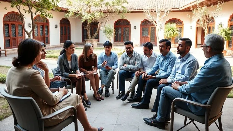 Photorealistic, professional photography, 8K, cinematic lighting, sharp focus, depth of field, shot on a high-end DSLR. A diverse group of executives, casually dressed, sitting in a thoughtful circle in a serene, natural setting, perhaps a traditional courtyard or a quiet garden. They are engaged in deep discussion, some taking notes, others listening intently, with a facilitator subtly guiding the conversation. The scene should convey introspection, shared learning, and intellectual engagement, with soft, ambient lighting. Photorealistic, professional photography, 8K, cinematic lighting, sharp focus, depth of field, shot on a high-end DSLR. A diverse group of executives, casually dressed, sitting in a thoughtful circle in a serene, natural setting, perhaps a traditional courtyard or a quiet garden. They are engaged in deep discussion, some taking notes, others listening intently, with a facilitator subtly guiding the conversation. The scene should convey introspection, shared learning, and intellectual engagement, with soft, ambient lighting.