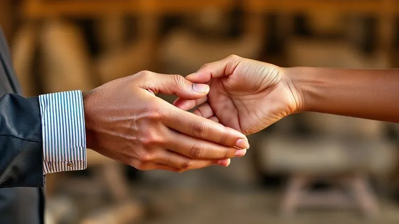 Photorealistic, professional photography, 8K, cinematic lighting, sharp focus, depth of field, shot on a high-end DSLR. A pair of hands, one a Western executive's and the other a local community member's, gently exchanging a small, handmade craft item or a symbolic token. The hands are positioned respectfully, symbolizing mutual exchange, understanding, and ethical interaction. The background is softly blurred, hinting at an authentic cultural setting, with warm, natural light emphasizing the connection. Photorealistic, professional photography, 8K, cinematic lighting, sharp focus, depth of field, shot on a high-end DSLR. A pair of hands, one a Western executive's and the other a local community member's, gently exchanging a small, handmade craft item or a symbolic token. The hands are positioned respectfully, symbolizing mutual exchange, understanding, and ethical interaction. The background is softly blurred, hinting at an authentic cultural setting, with warm, natural light emphasizing the connection.