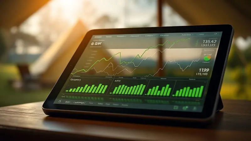 A photorealistic, professional photography, 8K, cinematic lighting, sharp focus, depth of field, shot on a high-end DSLR, depicting a business dashboard on a tablet displaying various glamping KPIs (occupancy, ADR, RevPAR) with green upward trends, overlaid on a blurred background of a serene glamping site, symbolizing data-driven growth.