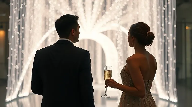 Photorealistic, professional photography, 8K, cinematic lighting, sharp focus, depth of field, shot on a high-end DSLR. A sophisticated couple in elegant evening wear, discreetly admiring a stunning light art installation in a private viewing area, champagne flutes in hand. The setting is luxurious and exclusive, with soft, ambient light illuminating their faces.