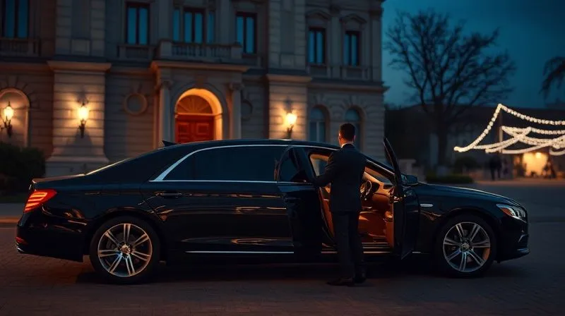 Photorealistic, professional photography, 8K, cinematic lighting, sharp focus, depth of field, shot on a high-end DSLR. A sleek, black luxury sedan with tinted windows parked discreetly outside a grand, historic building illuminated by soft light, a professional chauffeur holding the door open for an elegantly dressed couple. A subtle light festival glow is visible in the distance.