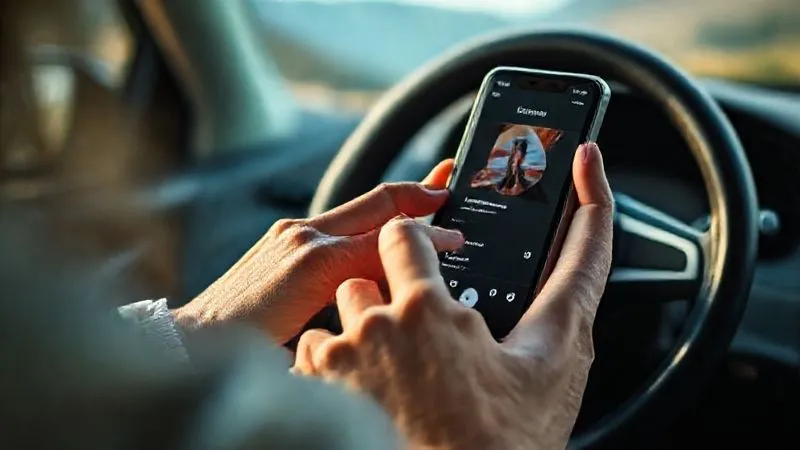 A close-up, photorealistic shot of a person's hands delicately navigating a music streaming app on a smartphone, displaying a curated road trip playlist. The screen shows album art and song titles, with a subtle glow. In the blurred background, a steering wheel and a glimpse of a scenic road are visible. Professional photography, 8K, cinematic lighting, sharp focus on the hands and phone screen, depth of field, shot on a high-end DSLR.