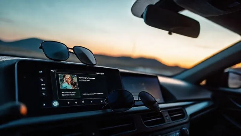 A photorealistic interior shot of a car dashboard at twilight, the infotainment screen displaying a meticulously organized road trip playlist interface with album art and track details. A pair of sunglasses rests on the dashboard, reflecting the faint glow of the screen. The focus is on the integrated tech, blending music and navigation seamlessly. Professional photography, 8K, cinematic lighting, sharp focus on the dashboard and screen, depth of field, shot on a high-end DSLR.