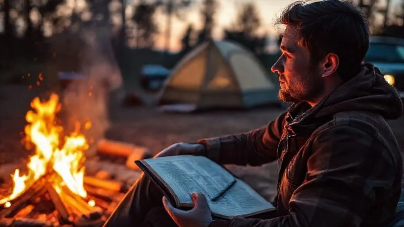 A photorealistic scene of a person sitting by a campfire at dusk, looking thoughtfully into the flames, a travel journal open on their lap with a pen beside it. The atmosphere is reflective and peaceful, with warm light from the fire illuminating their face. In the background, a tent and a vehicle are subtly visible. Professional photography, 8K, cinematic lighting, sharp focus on the person and journal, depth of field, shot on a high-end DSLR.
