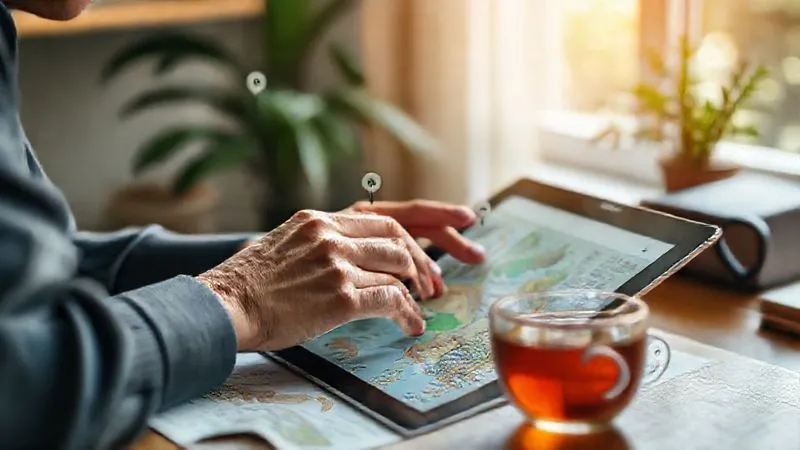 photorealistic, professional photography, 8K, cinematic lighting, sharp focus, depth of field, shot on a high-end DSLR, a person meticulously researching travel destinations on a tablet, with various sensory icons (ear, eye, nose, lightbulb) subtly integrated into map details and website interfaces, in a calm, organized workspace with natural light, a cup of herbal tea nearby photorealistic, professional photography, 8K, cinematic lighting, sharp focus, depth of field, shot on a high-end DSLR, a person meticulously researching travel destinations on a tablet, with various sensory icons (ear, eye, nose, lightbulb) subtly integrated into map details and website interfaces, in a calm, organized workspace with natural light, a cup of herbal tea nearby