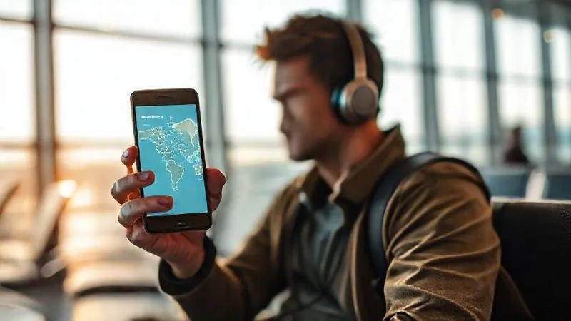 photorealistic, professional photography, 8K, cinematic lighting, sharp focus, depth of field, shot on a high-end DSLR, a traveler holding a smartphone displaying a "quiet zone" map of an airport, with sleek noise-cancelling headphones around their neck, sitting calmly in a modern, serene airport lounge, a soft glow of natural light from a large window, a sense of peace and preparedness photorealistic, professional photography, 8K, cinematic lighting, sharp focus, depth of field, shot on a high-end DSLR, a traveler holding a smartphone displaying a "quiet zone" map of an airport, with sleek noise-cancelling headphones around their neck, sitting calmly in a modern, serene airport lounge, a soft glow of natural light from a large window, a sense of peace and preparedness