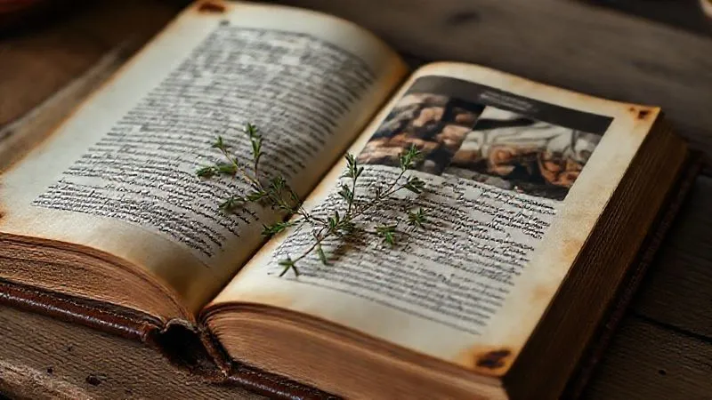 A photorealistic image of an open antique leather-bound cookbook, pages filled with handwritten recipes and faded photographs of traditional dishes. A single, delicate culinary herb rests on one page, with soft, warm cinematic lighting and a shallow depth of field, evoking a sense of heritage and culinary storytelling. A photorealistic image of an open antique leather-bound cookbook, pages filled with handwritten recipes and faded photographs of traditional dishes. A single, delicate culinary herb rests on one page, with soft, warm cinematic lighting and a shallow depth of field, evoking a sense of heritage and culinary storytelling.