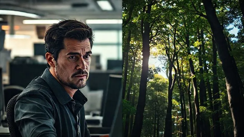 A photorealistic, professional photography, 8K image showing a split screen: one side depicts a person looking stressed in a chaotic urban office environment with harsh lighting, the other side shows the same person looking calm and relaxed in a serene, lush forest with soft, dappled sunlight, illustrating the stark contrast in physiological and psychological states. Cinematic lighting, sharp focus, depth of field.