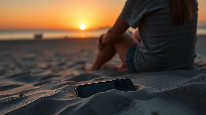 A person sitting peacefully on a remote beach, watching the sunset, with their smartphone placed face down and partially buried in the sand next to them, symbolizing a deliberate digital detox. Photorealistic, professional photography, 8K, cinematic lighting, sharp focus on the person and the phone, depth of field blurring the distant horizon, shot on a high-end DSLR, conveying a sense of freedom and disconnection. A person sitting peacefully on a remote beach, watching the sunset, with their smartphone placed face down and partially buried in the sand next to them, symbolizing a deliberate digital detox. Photorealistic, professional photography, 8K, cinematic lighting, sharp focus on the person and the phone, depth of field blurring the distant horizon, shot on a high-end DSLR, conveying a sense of freedom and disconnection.