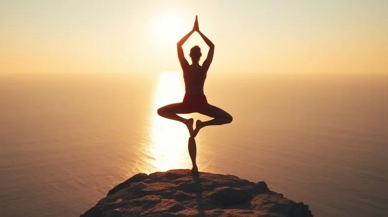 A person gracefully performing a yoga pose (e.g., Tree Pose) on a cliff overlooking a vast, calm ocean at dawn. The light is soft and golden, highlighting their silhouette. Photorealistic, professional photography, 8K, cinematic lighting, sharp focus on the person, depth of field blurring the expansive ocean and sky, shot on a high-end DSLR, conveying balance, peace, and connection with nature. A person gracefully performing a yoga pose (e.g., Tree Pose) on a cliff overlooking a vast, calm ocean at dawn. The light is soft and golden, highlighting their silhouette. Photorealistic, professional photography, 8K, cinematic lighting, sharp focus on the person, depth of field blurring the expansive ocean and sky, shot on a high-end DSLR, conveying balance, peace, and connection with nature.