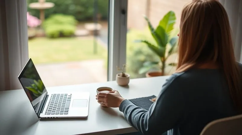A person sitting at a clean, minimalist desk with a freshly brewed cup of tea, looking out a window at a tranquil garden. Their laptop is closed, and a small plant sits on the desk, symbolizing a calm and intentional re-entry into routine after a retreat. Photorealistic, professional photography, 8K, cinematic lighting, sharp focus on the person and the desk, depth of field blurring the garden, shot on a high-end DSLR, conveying sustained peace and mindful productivity. A person sitting at a clean, minimalist desk with a freshly brewed cup of tea, looking out a window at a tranquil garden. Their laptop is closed, and a small plant sits on the desk, symbolizing a calm and intentional re-entry into routine after a retreat. Photorealistic, professional photography, 8K, cinematic lighting, sharp focus on the person and the desk, depth of field blurring the garden, shot on a high-end DSLR, conveying sustained peace and mindful productivity.