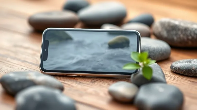 A minimalist smartphone screen displaying a meditation app interface with calm, natural imagery, surrounded by smooth river stones and a small, vibrant green plant on a wooden surface. Photorealistic, professional photography, 8K, cinematic lighting, sharp focus on the phone screen and foreground objects, depth of field blurring the background, shot on a high-end DSLR, symbolizing mindful technology use for relaxation. A minimalist smartphone screen displaying a meditation app interface with calm, natural imagery, surrounded by smooth river stones and a small, vibrant green plant on a wooden surface. Photorealistic, professional photography, 8K, cinematic lighting, sharp focus on the phone screen and foreground objects, depth of field blurring the background, shot on a high-end DSLR, symbolizing mindful technology use for relaxation.