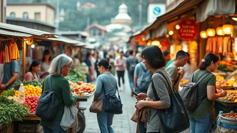 A photorealistic, professional photography image of a serene, vibrant local food market in an obscure, picturesque village, with local vendors interacting genuinely with a small group of curious travelers, contrasting sharply with a blurred background of a bustling, overcrowded tourist market in a major city. Cinematic lighting, sharp focus on the village market, deep depth of field, 8K hyper-detailed. A photorealistic, professional photography image of a serene, vibrant local food market in an obscure, picturesque village, with local vendors interacting genuinely with a small group of curious travelers, contrasting sharply with a blurred background of a bustling, overcrowded tourist market in a major city. Cinematic lighting, sharp focus on the village market, deep depth of field, 8K hyper-detailed.