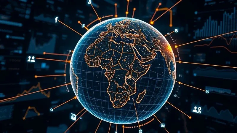 A photorealistic, professional photography shot of a complex data visualization, featuring glowing lines connecting various data points like agricultural output graphs, demographic maps, and small icons representing food trends, all converging on a highlighted, obscure region on a digital globe. The style is futuristic yet grounded, with cinematic lighting and 8K detail. A photorealistic, professional photography shot of a complex data visualization, featuring glowing lines connecting various data points like agricultural output graphs, demographic maps, and small icons representing food trends, all converging on a highlighted, obscure region on a digital globe. The style is futuristic yet grounded, with cinematic lighting and 8K detail.