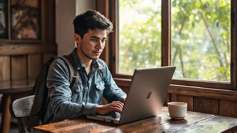 photorealistic, professional photography, 8K, cinematic lighting, sharp focus, depth of field, shot on a high-end DSLR, a young backpacker with a laptop open on a rustic wooden table, in a cozy cafe setting in Southeast Asia, lush green foliage visible through a window, a cup of coffee nearby, focused and productive, symbolizing remote work freedom. photorealistic, professional photography, 8K, cinematic lighting, sharp focus, depth of field, shot on a high-end DSLR, a young backpacker with a laptop open on a rustic wooden table, in a cozy cafe setting in Southeast Asia, lush green foliage visible through a window, a cup of coffee nearby, focused and productive, symbolizing remote work freedom.