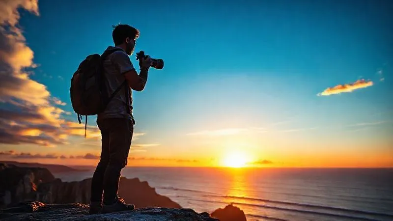 photorealistic, professional photography, 8K, cinematic lighting, sharp focus, depth of field, shot on a high-end DSLR, a backpacker standing on a cliff edge overlooking a dramatic ocean sunset, holding a professional camera with a wide-angle lens, silhouetted against the vibrant sky, capturing the perfect shot, symbolizing artistic travel and income generation. photorealistic, professional photography, 8K, cinematic lighting, sharp focus, depth of field, shot on a high-end DSLR, a backpacker standing on a cliff edge overlooking a dramatic ocean sunset, holding a professional camera with a wide-angle lens, silhouetted against the vibrant sky, capturing the perfect shot, symbolizing artistic travel and income generation.