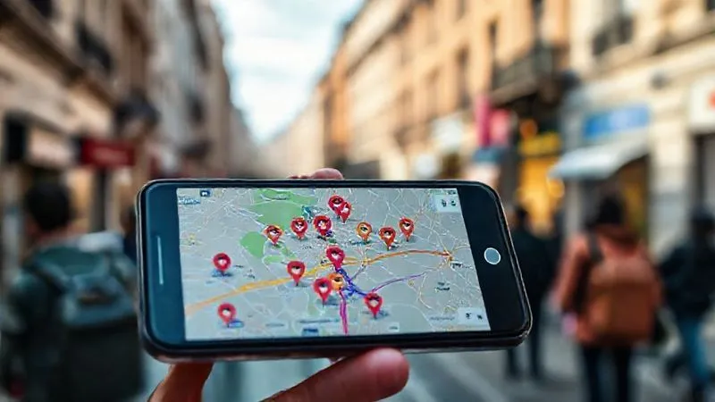 A close-up, photorealistic image of a smartphone screen displaying a sophisticated, color-coded map application with multiple pinned art gallery locations and an optimized walking/public transport route highlighted, set against a blurred background of a bustling European city street. professional photography, 8K, cinematic lighting, sharp focus, depth of field, shot on a high-end DSLR.