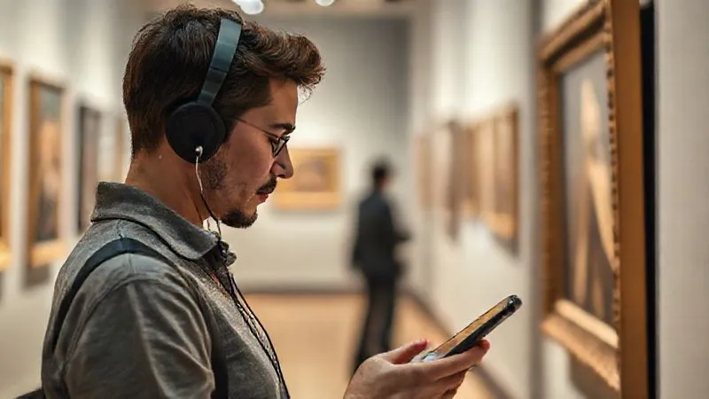 A photorealistic, professional photography, 8K, cinematic lighting, sharp focus, depth of field, shot on a high-end DSLR image of a person engrossed in an art piece within a gallery, wearing wireless headphones and looking at a museum app on their phone. The focus is on their engaged expression and the artwork, with the gallery environment subtly blurred.