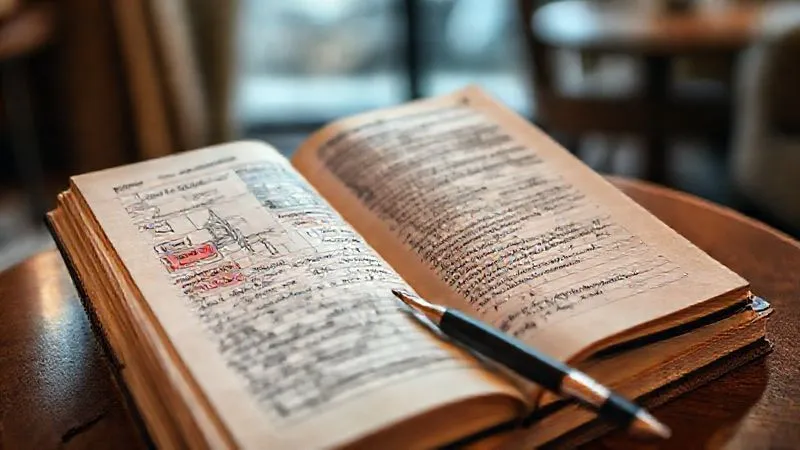 A photorealistic, professional photography, 8K, cinematic lighting, sharp focus, depth of field, shot on a high-end DSLR image of a travel journal open to pages filled with quick sketches, museum ticket stubs, and handwritten notes about art. A pen rests beside it, with a blurred backdrop of a cozy cafe or hotel room. The scene evokes reflection and documentation.