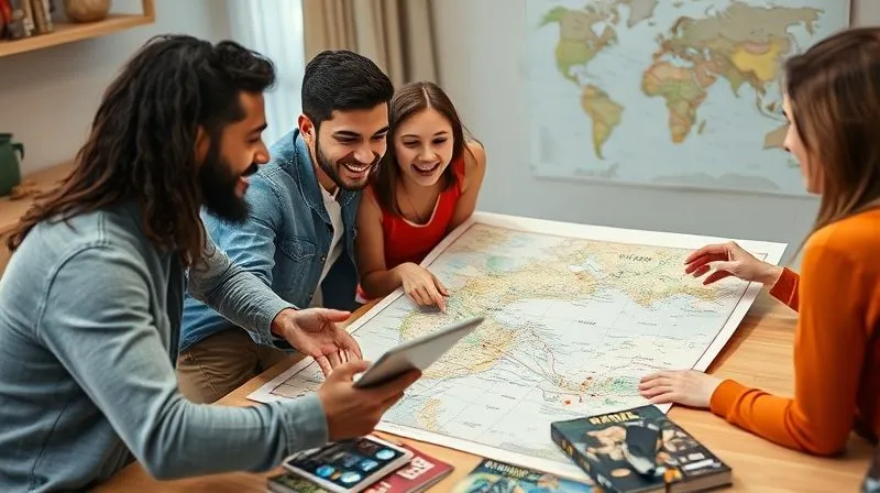 A photorealistic, professional photography, 8K, cinematic lighting, sharp focus, depth of field, shot on a high-end DSLR of a diverse family with two teenagers, gathered around a large map and a tablet (showing travel ideas, not social media), actively discussing and pointing at locations, all smiling and engaged in the planning process, travel guides scattered on the table.