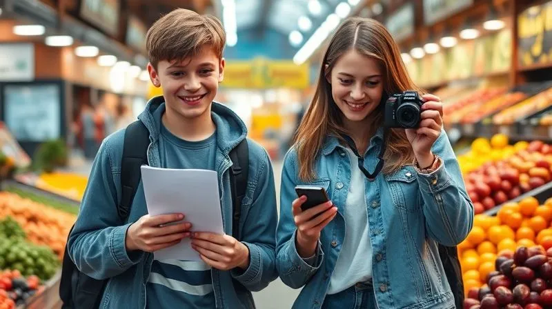 A photorealistic, professional photography, 8K, cinematic lighting, sharp focus, depth of field, shot on a high-end DSLR of two teenagers, a boy and a girl, excitedly collaborating on a 'photo scavenger hunt' in a bustling European market, one holding a small list, the other pointing a non-smartphone digital camera at a vibrant fruit stall, both smiling and interacting with their surroundings, no screens visible.