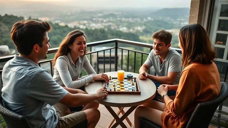 A photorealistic, professional photography, 8K, cinematic lighting, sharp focus, depth of field, shot on a high-end DSLR of a family with two teenagers, gathered around a small table on a cozy balcony overlooking a scenic landscape, playing a classic board game, all laughing and interacting, a warm glow from a nearby lamp, no screens visible, emphasizing relaxed, joyful connection.