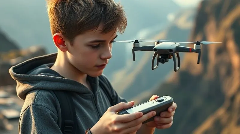 A photorealistic, professional photography, 8K, cinematic lighting, sharp focus, depth of field, shot on a high-end DSLR of a teenage boy in a rugged outdoor setting (e.g., a mountain vista or coastal cliff), intently operating a small, modern drone with a remote control (no screen visible on the remote, or a very small, functional one), his gaze fixed on the drone, a sense of focus and wonder on his face, surrounded by natural beauty.