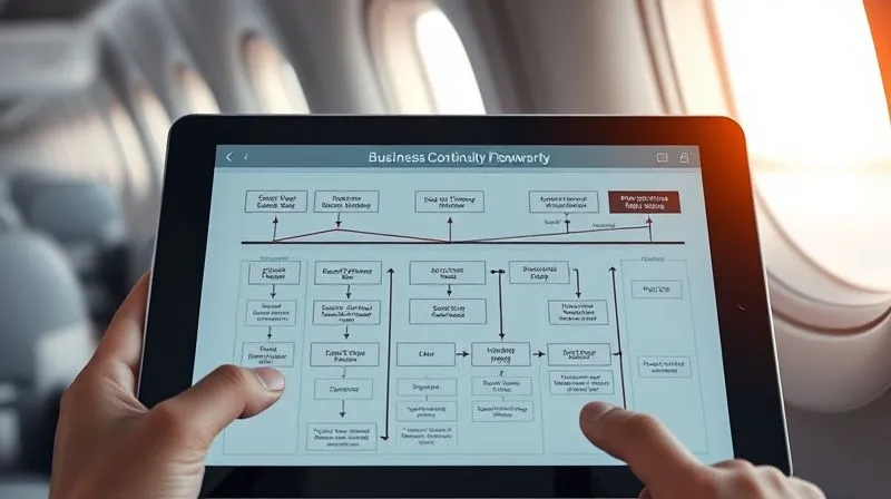 A photorealistic image of a detailed, complex business continuity flowchart on a digital tablet, with various pathways for risk mitigation, set against a blurred backdrop of an airplane window view. Professional photography, 8K, cinematic lighting, sharp focus, depth of field, shot on a high-end DSLR. A photorealistic image of a detailed, complex business continuity flowchart on a digital tablet, with various pathways for risk mitigation, set against a blurred backdrop of an airplane window view. Professional photography, 8K, cinematic lighting, sharp focus, depth of field, shot on a high-end DSLR.