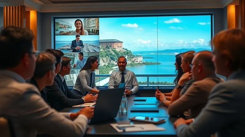 A photorealistic image of a diverse group of professionals engaged in a high-fidelity virtual meeting on a large screen, with one participant clearly in a luxury travel setting (e.g., a high-end hotel room with a view). Professional photography, 8K, cinematic lighting, sharp focus, depth of field, shot on a high-end DSLR. A photorealistic image of a diverse group of professionals engaged in a high-fidelity virtual meeting on a large screen, with one participant clearly in a luxury travel setting (e.g., a high-end hotel room with a view). Professional photography, 8K, cinematic lighting, sharp focus, depth of field, shot on a high-end DSLR.