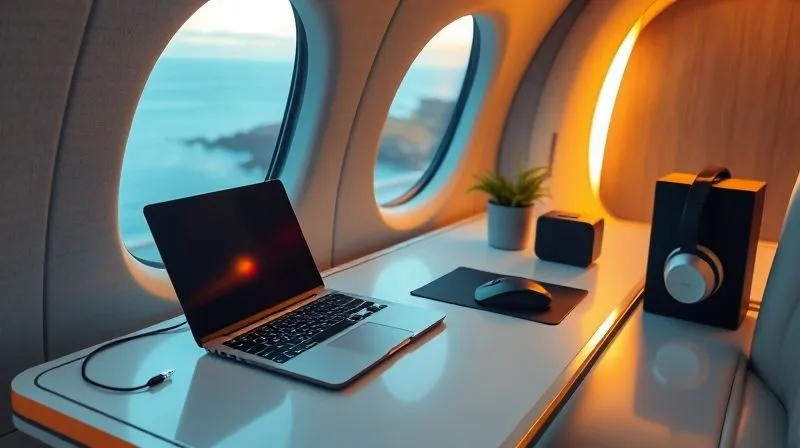 A photorealistic image of a minimalist, high-tech portable workstation setup (laptop, ergonomic mouse, noise-canceling headphones) seamlessly integrated into a luxurious travel environment, perhaps a private jet cabin or a serene resort balcony. Professional photography, 8K, cinematic lighting, sharp focus, depth of field, shot on a high-end DSLR. A photorealistic image of a minimalist, high-tech portable workstation setup (laptop, ergonomic mouse, noise-canceling headphones) seamlessly integrated into a luxurious travel environment, perhaps a private jet cabin or a serene resort balcony. Professional photography, 8K, cinematic lighting, sharp focus, depth of field, shot on a high-end DSLR.