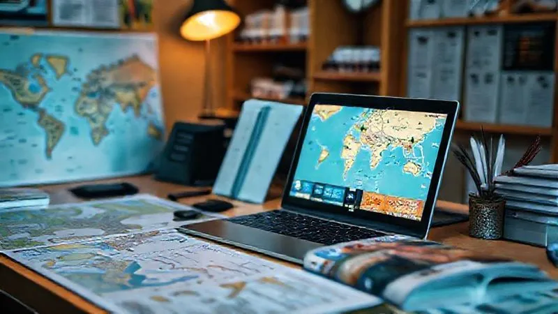 A photorealistic, professional photography shot of a travel agent's desk, meticulously organized with maps, a laptop displaying travel advisories, and a festival brochure. Cinematic lighting, sharp focus on the documents and screen, depth of field blurring the background, 8K hyper-detailed, shot on a high-end DSLR. A photorealistic, professional photography shot of a travel agent's desk, meticulously organized with maps, a laptop displaying travel advisories, and a festival brochure. Cinematic lighting, sharp focus on the documents and screen, depth of field blurring the background, 8K hyper-detailed, shot on a high-end DSLR.