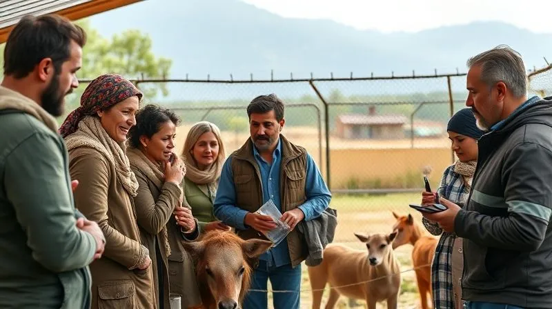 A photorealistic image showing a diverse group of people from different cultures collaborating respectfully on an animal welfare project, with rescued animals in a natural, spacious enclosure in the background. Cinematic lighting, sharp focus, depth of field, 8K hyper-detailed, shot on a high-end DSLR.