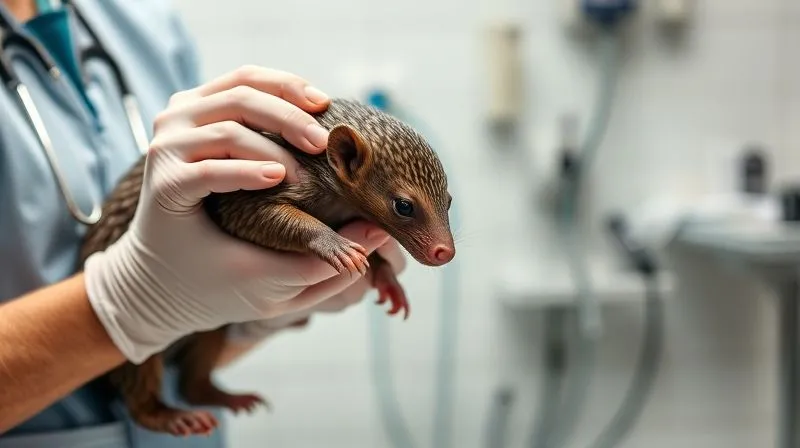 A photorealistic, professional photography shot of a veterinarian gently examining a rescued wild animal (e.g., a pangolin or a small primate) in a clean, well-equipped clinic setting, emphasizing expert care and attention to detail. Cinematic lighting, sharp focus on the animal and vet's hands, depth of field, 8K hyper-detailed, shot on a high-end DSLR.