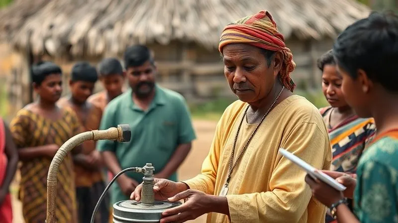 A photorealistic image of a local community member, wearing traditional attire, confidently demonstrating a skill (e.g., using a water filtration system, repairing a solar panel) to a small group of attentive villagers, while a volunteer observes respectfully in the background, taking notes. The scene conveys empowerment and knowledge transfer. Professional photography, 8K, cinematic lighting, sharp focus on the demonstrator, depth of field blurring the background, natural daylight.