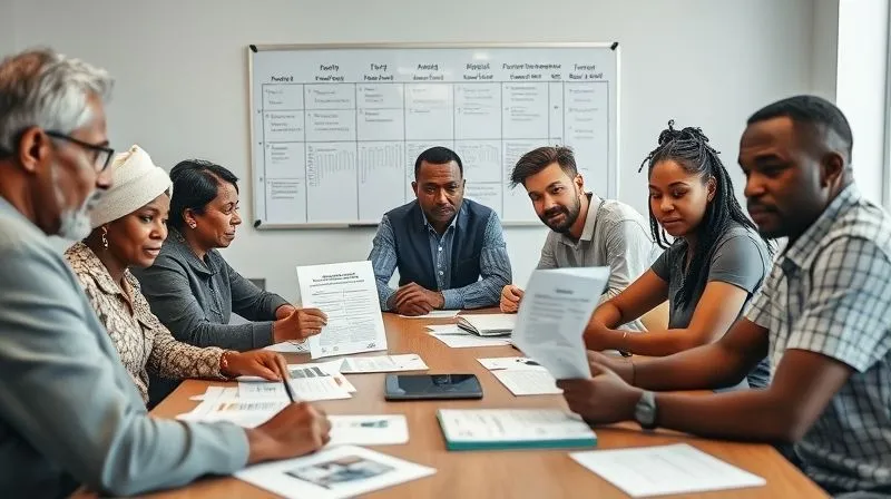 A photorealistic image of a diverse group of people, including local community members and project staff, sitting around a table reviewing charts, graphs, and feedback forms. A whiteboard in the background shows a timeline and key performance indicators. The atmosphere is serious but collaborative, indicating a project review meeting focused on data and impact. Professional photography, 8K, cinematic lighting, sharp focus on the documents and faces, depth of field blurring the background, professional setting.