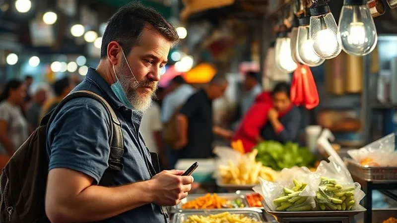 A tour guide discreetly observing a street food vendor's hygiene practices in a bustling market, looking attentive and responsible, photorealistic, professional photography, 8K, cinematic lighting, sharp focus, depth of field, shot on a high-end DSLR