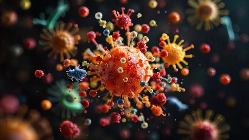 A photorealistic, professional photography, 8K, cinematic lighting, sharp focus, depth of field, shot on a high-end DSLR image of a stylized, microscopic view of various colorful bacteria and viruses swirling around food particles on a dark background, representing common foodborne pathogens, with a hint of concern in the mood. A photorealistic, professional photography, 8K, cinematic lighting, sharp focus, depth of field, shot on a high-end DSLR image of a stylized, microscopic view of various colorful bacteria and viruses swirling around food particles on a dark background, representing common foodborne pathogens, with a hint of concern in the mood.