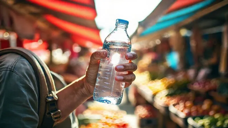 A photorealistic, professional photography, 8K, cinematic lighting, sharp focus, depth of field, shot on a high-end DSLR image of a traveler holding a sealed bottle of mineral water in a vibrant, sunlit outdoor market, with blurred colorful stalls and local produce in the background, emphasizing hydration and safety. A photorealistic, professional photography, 8K, cinematic lighting, sharp focus, depth of field, shot on a high-end DSLR image of a traveler holding a sealed bottle of mineral water in a vibrant, sunlit outdoor market, with blurred colorful stalls and local produce in the background, emphasizing hydration and safety.