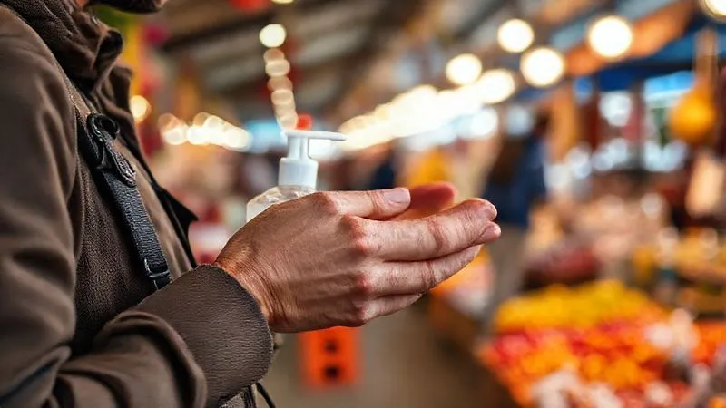 A photorealistic, professional photography, 8K, cinematic lighting, sharp focus, depth of field, shot on a high-end DSLR image of a traveler's hands applying hand sanitizer, with a blurred background of a vibrant market scene, emphasizing cleanliness and personal health on the go. A photorealistic, professional photography, 8K, cinematic lighting, sharp focus, depth of field, shot on a high-end DSLR image of a traveler's hands applying hand sanitizer, with a blurred background of a vibrant market scene, emphasizing cleanliness and personal health on the go.
