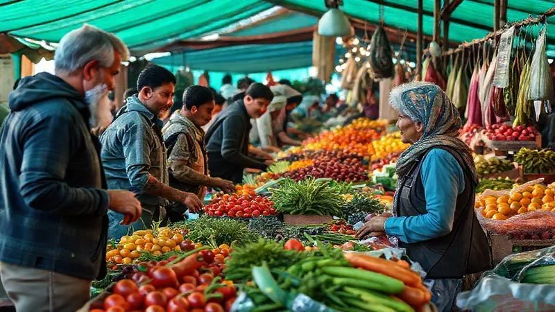 A photorealistic, professional photography, 8K, cinematic lighting, sharp focus, depth of field, shot on a high-end DSLR image of a bustling, colorful farmer's market in a developing country, with local farmers proudly displaying fresh, vibrant produce, and respectful tourists engaging with them, conveying ethical and sustainable culinary tourism. A photorealistic, professional photography, 8K, cinematic lighting, sharp focus, depth of field, shot on a high-end DSLR image of a bustling, colorful farmer's market in a developing country, with local farmers proudly displaying fresh, vibrant produce, and respectful tourists engaging with them, conveying ethical and sustainable culinary tourism.